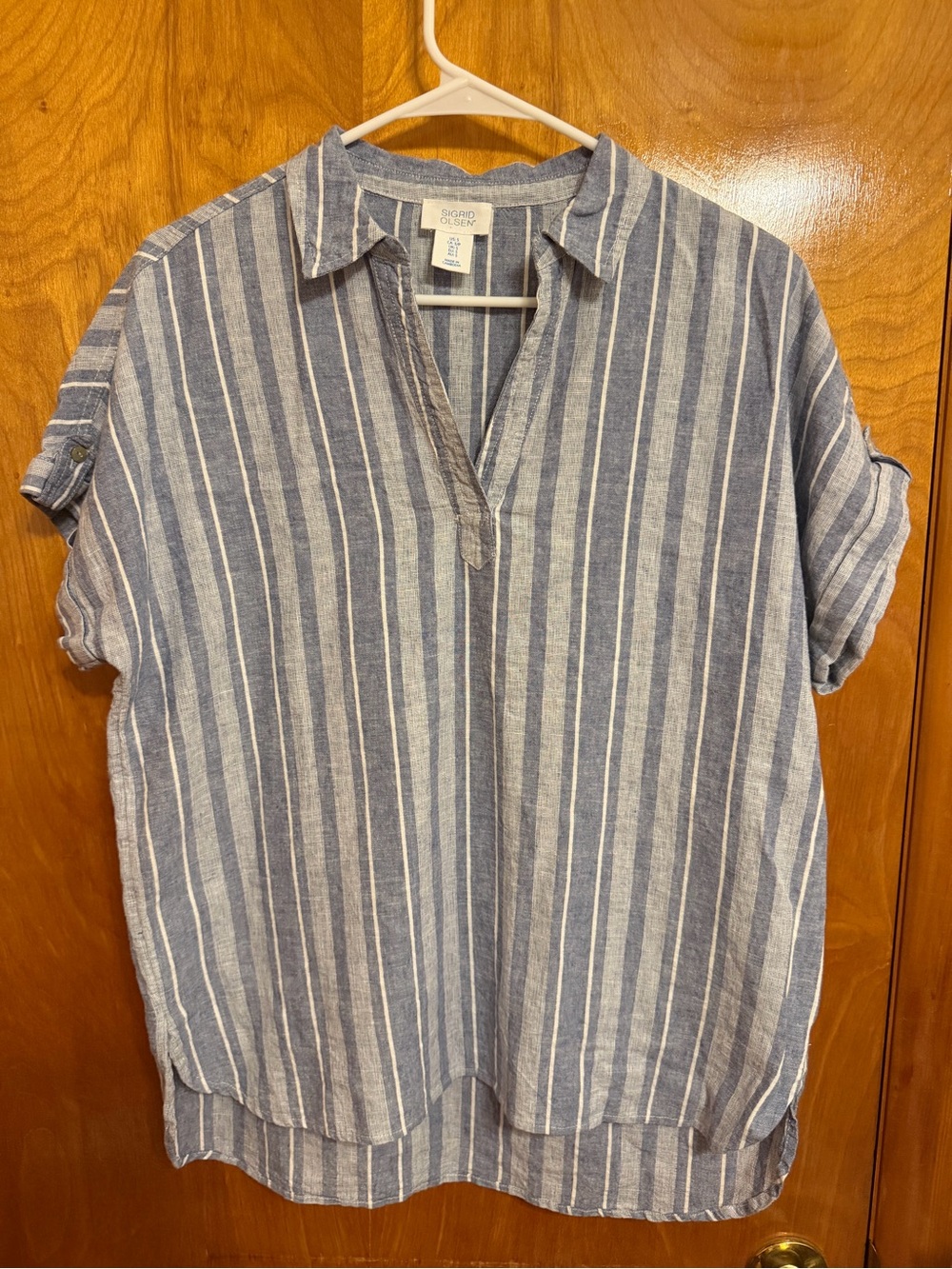 Sigrid Olsen Blue and White Vertical Stripe Pullover Tunic